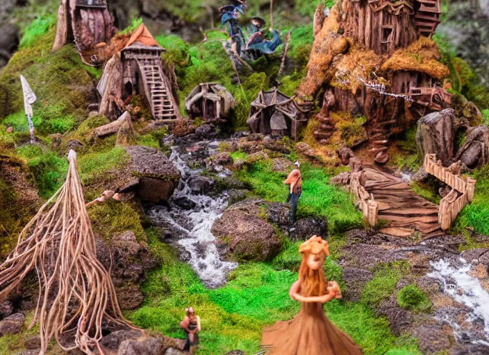 Prompt: high - res gopro photograph of a eood sculpture diorama with fantasy castles, highly detailed sculpey diorama, forest setting in iceland, waterfall backdrop, realistic materials, wood, felt, cloth, burlap, copper wire, hot glue, smooth, sharp foccus, commercial product photography,