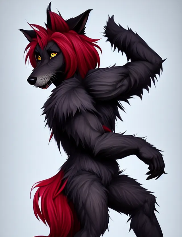 Image similar to character concept art of a black anthropomorphic male furry wolf long red hair | | cute - fine - face, pretty face, key visual, realistic shaded perfect face, fine details by stanley artgerm lau, wlop, rossdraws, james jean, andrei riabovitchev, marc simonetti, and sakimichan, trending on artstation