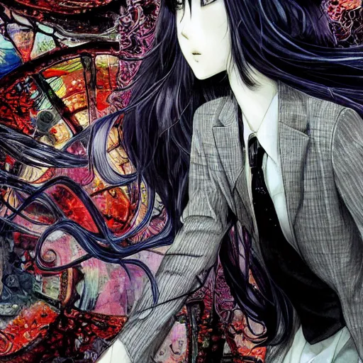 Prompt: yoshitaka amano realistic illustration of an anime girl with black eyes and long wavy white hair wearing dress suit with tie and surrounded by abstract junji ito style patterns in the background, blurry and dreamy illustration, cracked mirror, dark color palette with vivid accents, noisy film grain effect, highly detailed, oil painting with expressive brush strokes, weird portrait angle