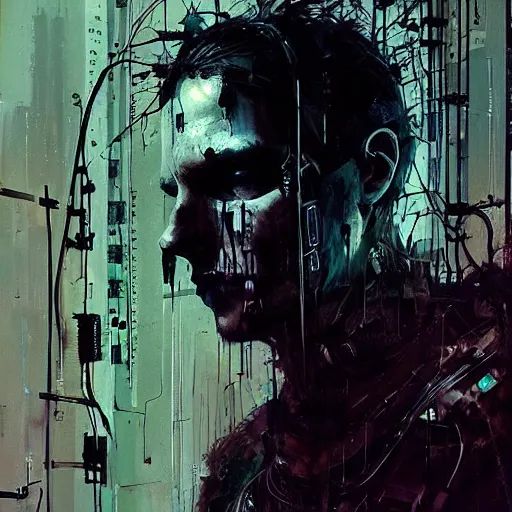 Image similar to a cyberpunk gothic noir musician, skulls, wires cybernetic implants, synthesizers and electronic equipment, machine noir grimcore in cyberspace photoreal, atmospheric by jeremy mann francis bacon and agnes cecile, ink drips paint smears digital glitches