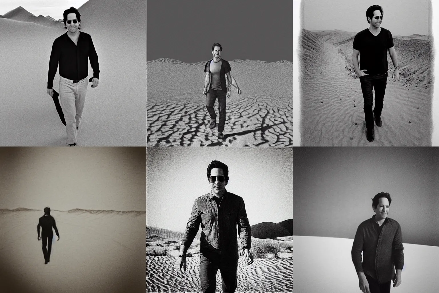 Prompt: “Paul Rudd walking through a desert, wearing Dune like clothing, black and white graphite drawing”