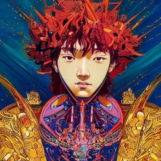 Image similar to closeup : kim taehyung as the emperor of the universe sits on his stellar and opulent throne. illustration by james jean and satoshi kon and erik jones, inspired by evangelion, smooth feature, intricate oil painting, high detail illustration, sharp high detail