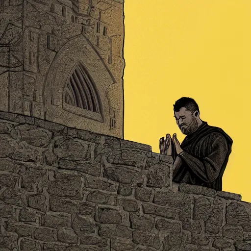 Prompt: Close-up of a terrified catholic priest in his thirties on the roof of a medieval tower watching in fear as an ominous yellow shadow descends upon him from the night sky. He is fervently praying but his eyes are wide open with fear. Low angle angle, dramatic lighting. Award-winning digital art, trending on ArtStation