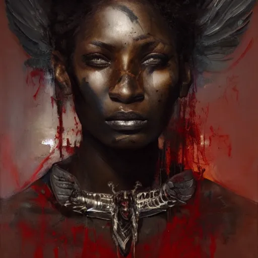 Prompt: portrait of the god of death, beautiful female face, angelic, black woman, dark, blood, by jeremy mann, by lucian freud, oil painting, god rays, female warrior, warrior face painting red, wings, holding a weapon, intricate, highly detailed, trending on artstation, award winning, cinematic