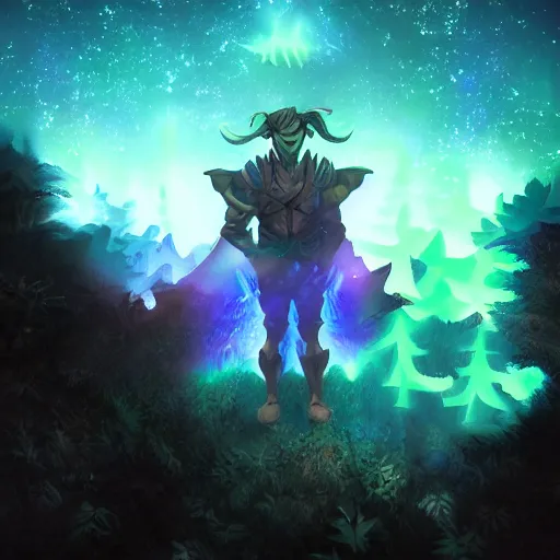 Image similar to a xanxia hero in a dark forest standing beside a glowing blue rectangle