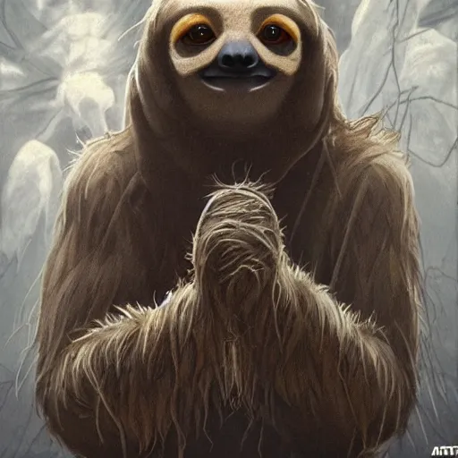 Image similar to unholy sloth, sloth monster, animal sloth, anthropomorphic sloth, demon sloth, demonic robes, damnation, hell, fear, dirty matted fur, evil, horror, fire, gloomy mood, ultra details, art by artgerm, dwayne barlowe, trending on artstation and greg rutkowski and alphonse mucha, 8 k