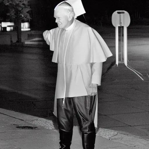 Prompt: john paul ii standing in a black hoodie, black cargo pants and high black boots, evening time, dark
