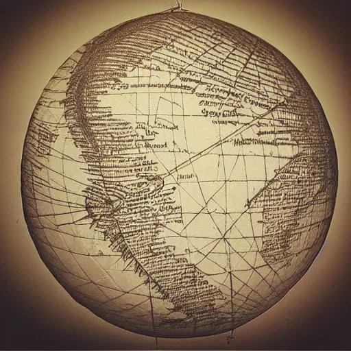 Prompt: “an old technical sketch on parchment of a hot air balloon between clouds, the balloon fabric is made of a spherical world map of the earth. sepia”