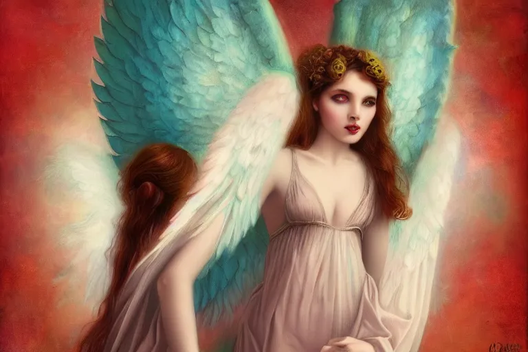 Image similar to pretty angel girl with wings photograph in the style of tom bagshaw, colorful, realistic, 8 k