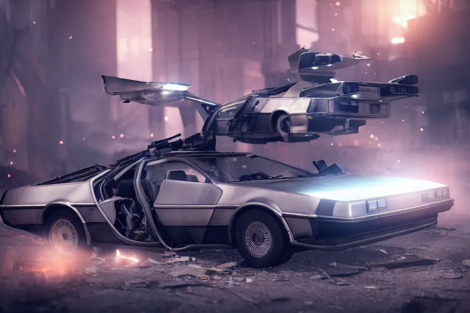 Image similar to ultra realistic delorean dmc 5 drifting on broken highway wreckage floating in space, dark cinematic, volumetric, realistic, 3 d render, realistic render, cinematic lighting, volumetric lighting, atmospheric, cinematic, unreal engine 5, unreal engine render, octane render, hd, photorealism, hyper realistic, 8 k