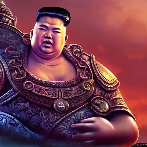 Image similar to portrait of kim - jong un as buddha, league of legends amazing splashscreen artwork, gears of war, splash art, natural light, elegant, photorealistic facial features, intricate, fantasy, detailed face, atmospheric lighting, anamorphic lens flare, cinematic lighting, league of legends splash art, hd wallpaper, ultra high details by greg rutkowski