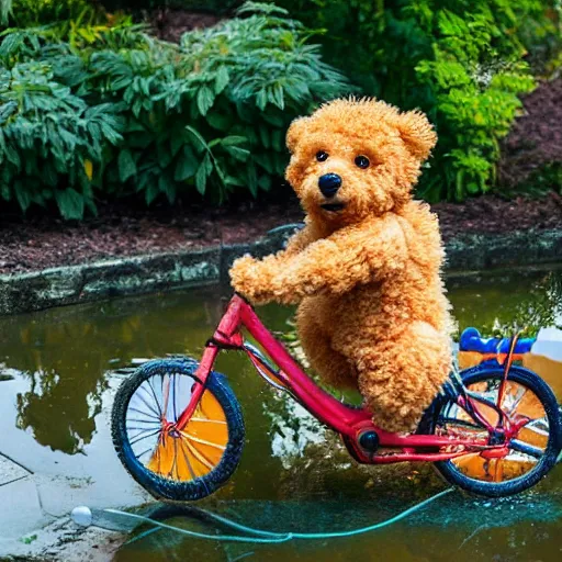 Image similar to A apricot colored toy poodle that looks like a teddy bear riding a bike in a beautiful park with a pond