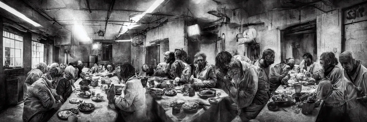 Image similar to Award Winning Editorial wide-angle picture of a Tramps in a Soup Kitchen by David Bailey and Lee Jeffries, called 'The Last Supper', 85mm ND 5, perfect lighting, gelatin silver process