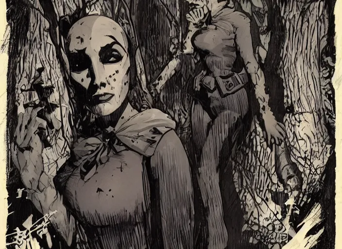 Image similar to 1940's Ghost Woman in the woods, detailed, comic book texture, bats, 4k symmetrical portrait, Ashley wood, Mike Mignola, trending on artstation, Norman Saunders