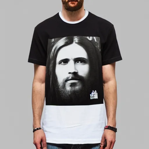 Image similar to a photo of a supreme t - shirt with an image of jesus on it, 4 k, highly detailed