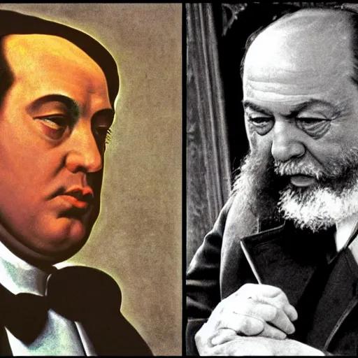 Image similar to silvio berlusconi talking with karl marx, film still by edward hopper, by Pontormo, by klimt, art noveau, highly detailed, strong lights, liminal, eerie, Bright pastel colors