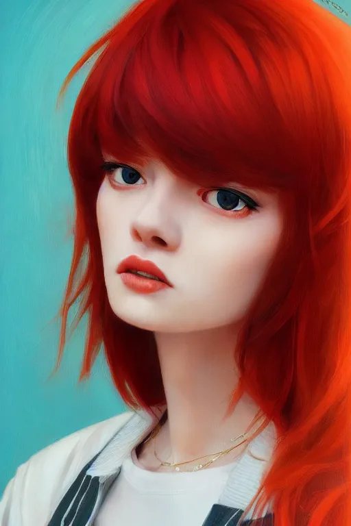 Image similar to A ultradetailed beautiful panting of a stylish woman looking at the camera, she is wearing streetwear, she has red hair with bangs, bright sunny day, Oil painting, by Ilya Kuvshinov, Greg Rutkowski and Makoto Shinkai