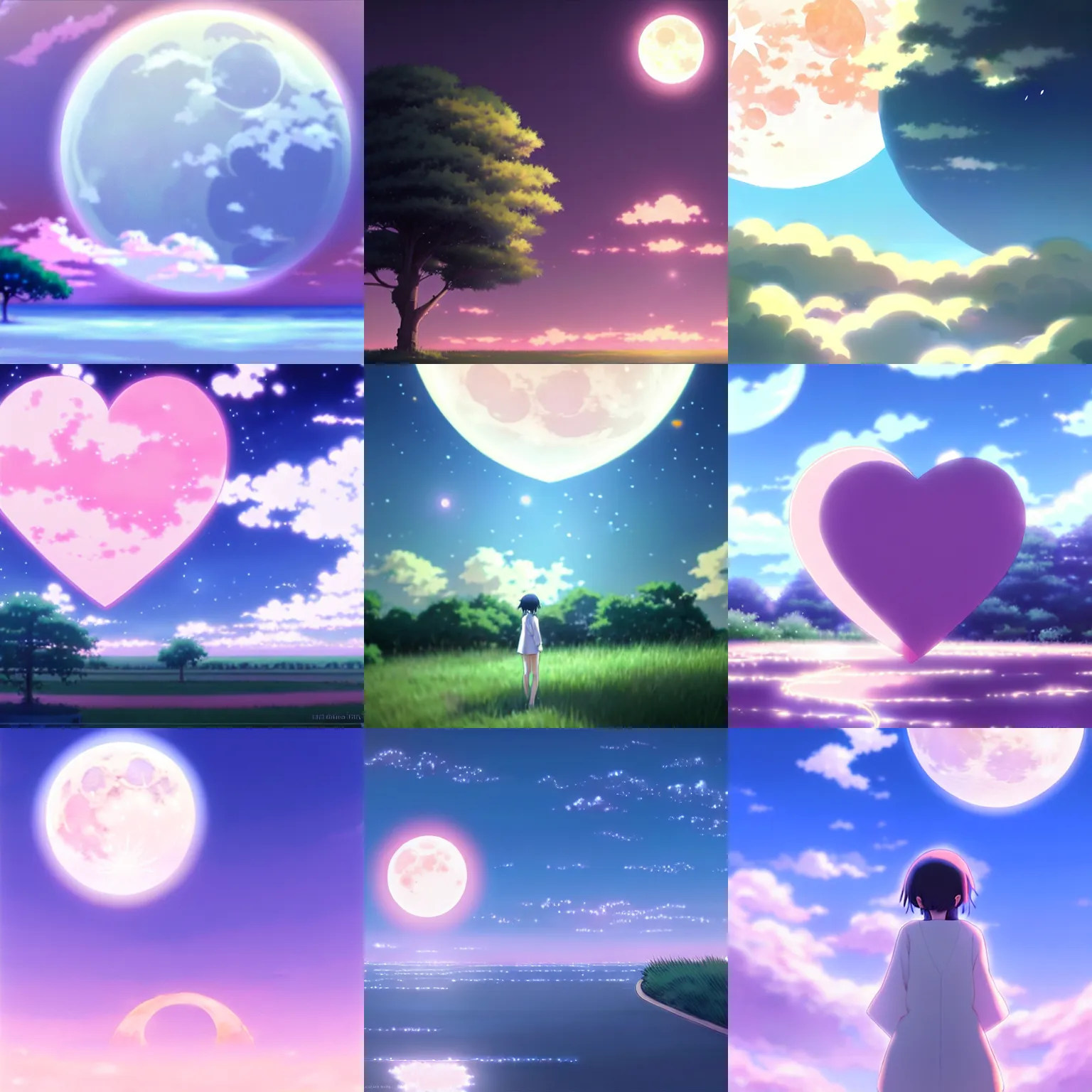 Prompt: a light pink heart - shaped moon, no people, anime art, by makoto shinkai