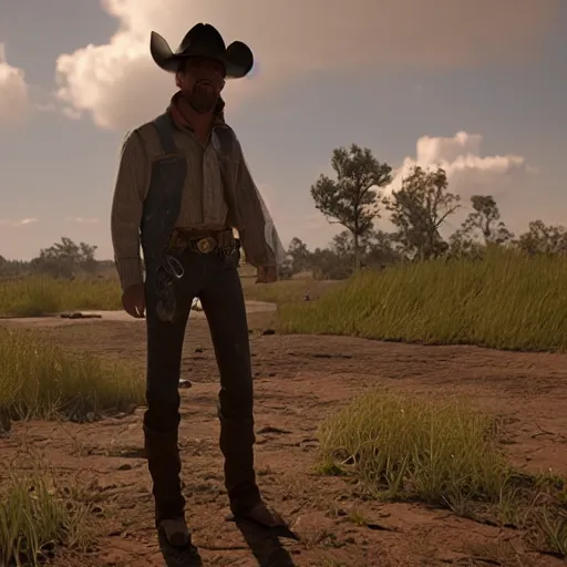 Image similar to a cowboy from the old west sit on the ground sobbing and crying with a small hole and a broken shovel near a riverbend with desperation and frustration rendered in unreal engine highly detailed