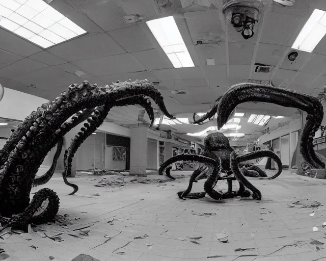 Image similar to camera footage of a extremely aggressive Giant mutated Octopus with glowing white eyes in an abandoned shopping mall, Psychic Mind flayer, Terrifying :7 , high exposure, dark, monochrome, camera, grainy, CCTV, security camera footage, timestamp, zoomed in, Feral, fish-eye lens, Fast, Radiation Mutated, Nightmare Fuel, Wolf, Evil, Bite, Motion Blur, horrifying, lunging at camera :4 bloody dead body, blood on floors, windows and walls :5