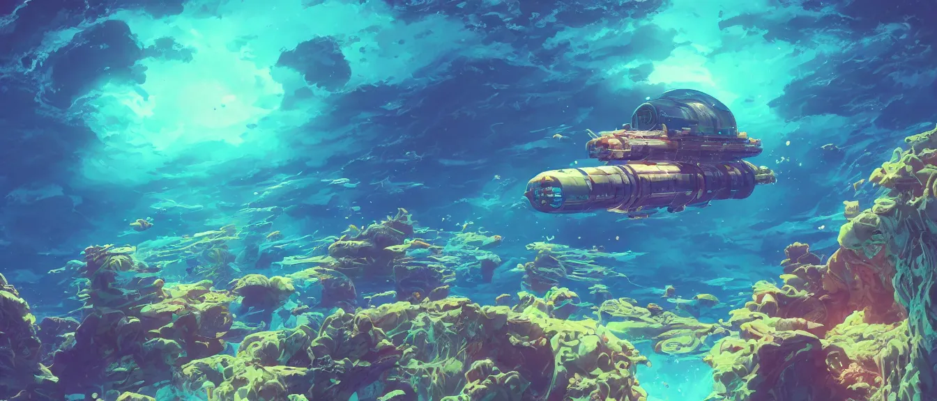 Image similar to underwater space station on a colorful ocean, unreal engine, fantasy art by greg, loish, rhads, ferdinand knab, makoto shinkai, lois van baarle, ilya kuvshinov, rossdraws, tom bagshaw, global illumination, radiant light, highly detailed intricate environment, isometric, onstudio ghibli, octane render, 8 k