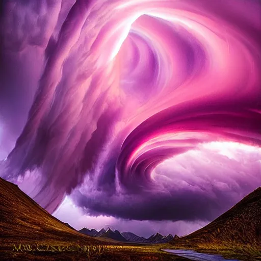 Image similar to amazing photo of purple clouds in the shape of a tornado by marc adamus, digital art, beautiful dramatic lighting