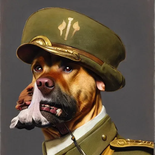 Prompt: old dog with big mustache dressed as a antropormophhic dog veteran colonel of the first world war german army, a dog as a human, highly detailed painting by gaston bussiere, craig mullins, j. c. leyendecker