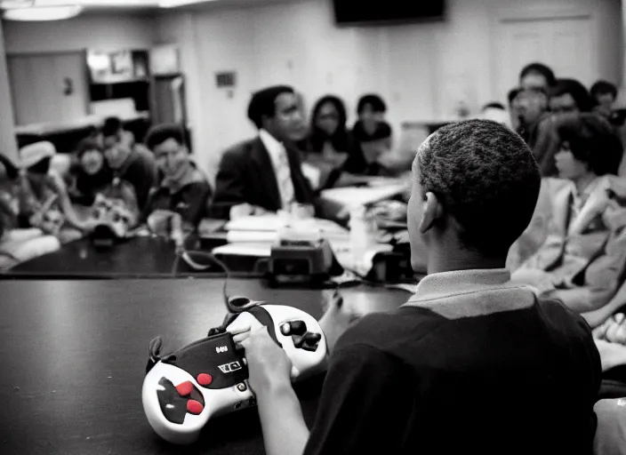 Prompt: color film photography, Barack Obama playing Super Smash Bros. Melee, 35mm, film photo,