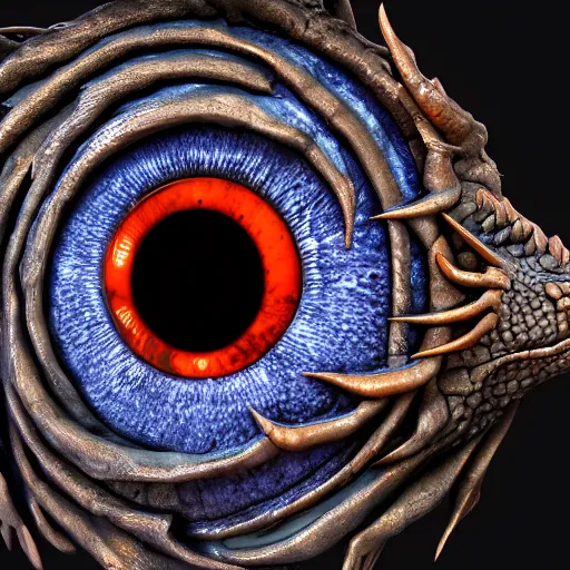 Image similar to big blue eye of ancient red dragon, close-up, high detail 3d model, Octane render, octane, 4k