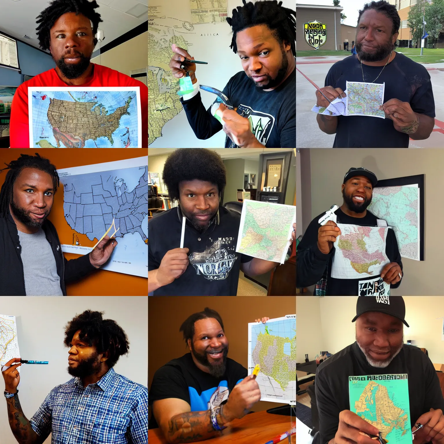 Prompt: photo of woolie madden holding a marker, staring at a map of north america