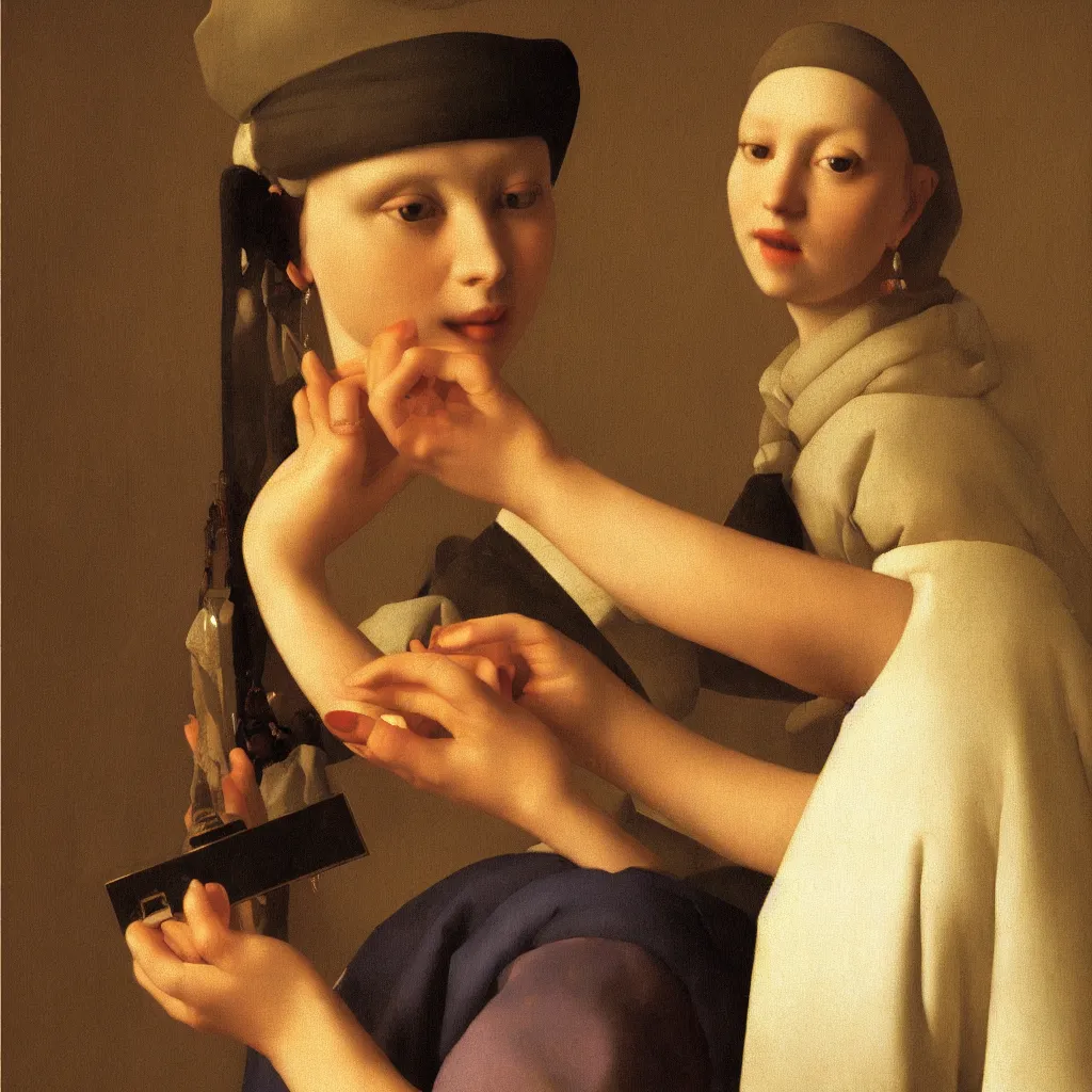 Prompt: portrait fragrance packshot by vermeer, highly detailed, saturated colors, fashion