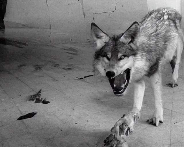 Prompt: Close up camera footage of a extremely aggressive Feral Mutated Wolf with severe late stage rabies in an abandoned shopping mall, Wolf Snarling Directly toward camera, Terrifying :7 , high exposure, dark, monochrome, camera, grainy, CCTV, security camera footage, timestamp, zoomed in, Feral, fish-eye lens, Rabid, Radiation Mutated Wolf, Nightmare Fuel, Wolf, Evil, Bite, Motion Blur, horrifying, lunging at camera :4 bloody dead body, blood on floors, windows and walls :5