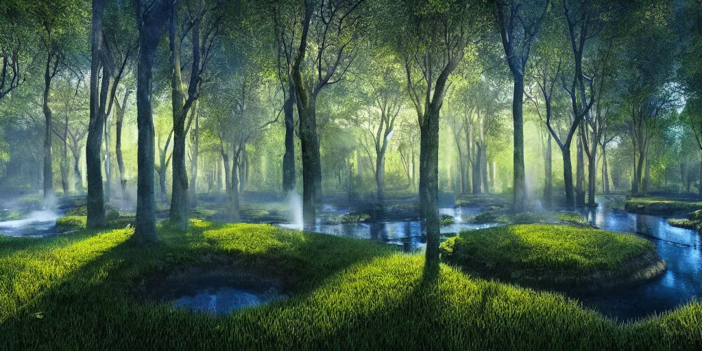 Prompt: immaculate forest with trees spaced at equidistant intervals between circular pools of water on the ground, with light flitering through the trees by pixar, fairytale, magic realism, dynamic camera angle, deep 3 point perspective.