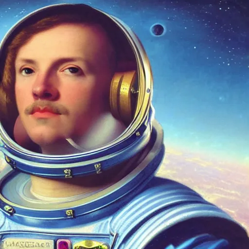 Prompt: close - up portrait of an astronaut. hyperdetailed thomas kinkade canaletto renaissance painting pre - raphaelitism retro unreal engine iridescent matte background 8 k resolution