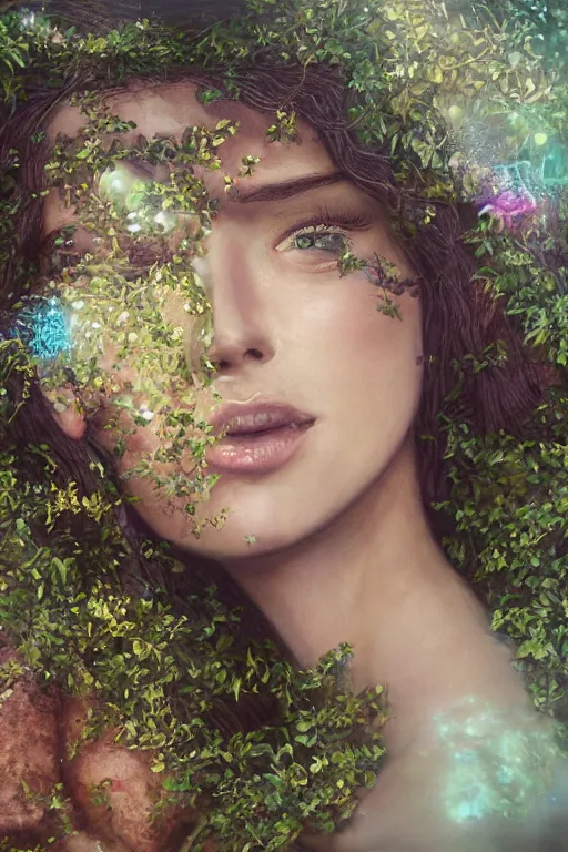 Prompt: elaborately detailed close up portrait of an extremely beautiful girl surrounded by vines, flowers, an eerie mist and ethereal rainbow bubbles, Aetherpunk, high fantasy matte painting, concept art, smooth, sharp focus, atmospheric lighting, highly detailed illustration highlights, backlight, golden ratio, 8K detail post-processing, award winning picture, sense of awe, featured on DeviantArt and cgsociety, vibrant