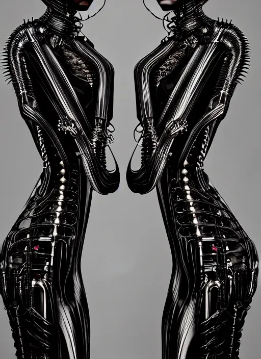 Image similar to catwalk, iris van herpen gothic inflateble dark dress, perfect symmetrical body, helmet on face, full body shot, inflateble shapes, wires, tubes, veins, jellyfish, white biomechanical details, wearing epic bionic cyborg implants, masterpiece, intricate, biopunk, vogue, highly detailed, artstation, concept art, cyberpunk, octane render