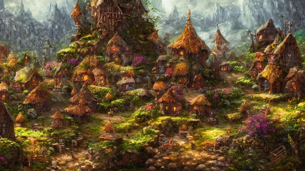 Prompt: a detailed fairy village near some rocks, highly detailed oil painting, epic fantasy art, abstraction, masterpeice, 8k