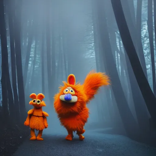 Prompt: a large orange kitsune muppet wearing a dark hooded cloak and herding a bunch of random muppet animals following behind through a dark foreboding misty blue forest, sesame street, photograph, photography, ultrarealistic, national geographic