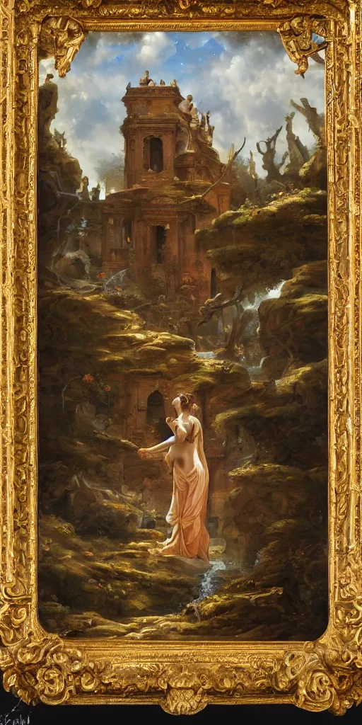 Prompt: a stunning and noble highly detailed romantic period style painting of the place where gods come into being by josep tapiro baro!!!! trending on artstation, oil painting masterpiece!!, symmetry, rule of thirds, mysterious