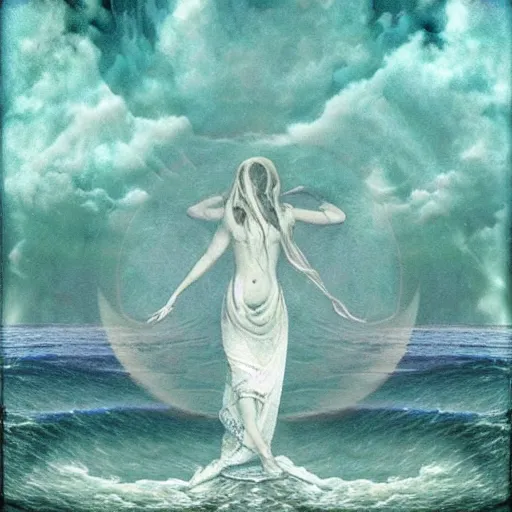 Image similar to Infinite in mystery is the gift of the goddess. We seek it thus and take to the sky. Ripples form over the water's surface. The wandering soul knows no rest.