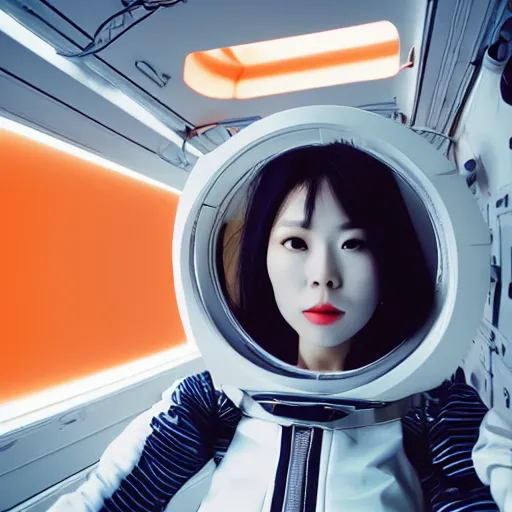 Image similar to a korean woman with long black hair and grey / black futuristic metallic clothing floating in zero - gravity in a spaceship with a white and blue futuristic interior. orange lighting, kodak film grain, expired film