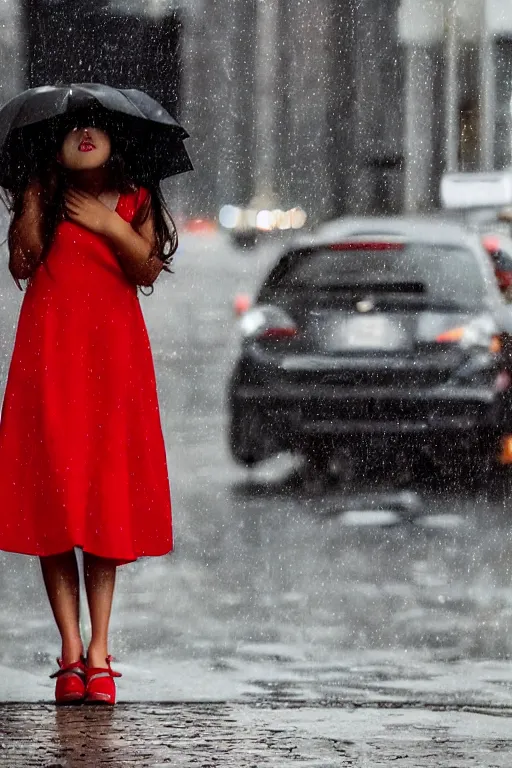 Prompt: a girl in a red dress crying in the middle of a city while its raining