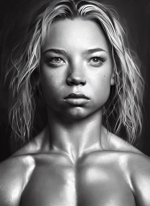 Prompt: epic close - up portrait of sydney sweeney as bodybuilder just after winning boxing match, stanley artgerm, wojtek fus