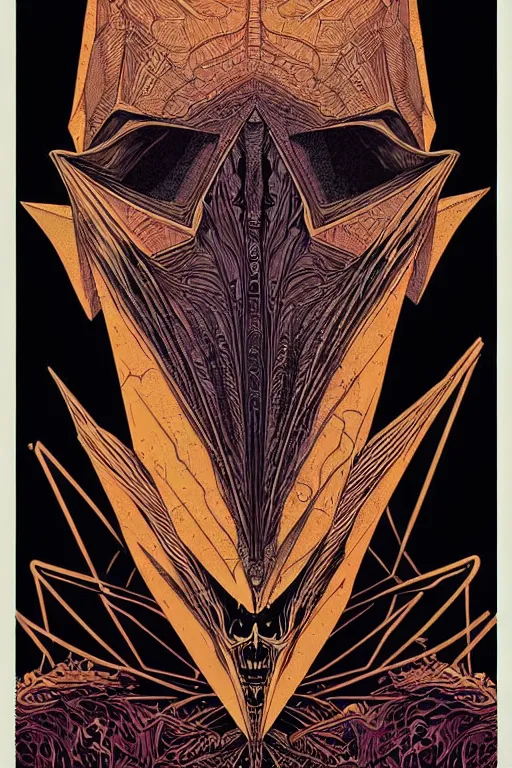 Image similar to portrait of black and psychedelic straight lines poster art by dan mumford, moebius, goblinko, richard corben, wayne barlowe, heavy metal comic cover art, psychedelic triangular skeleton, very intricate, thick outline, full body, symmetrical face, long black crown, in a shapes background, galactic dark colors