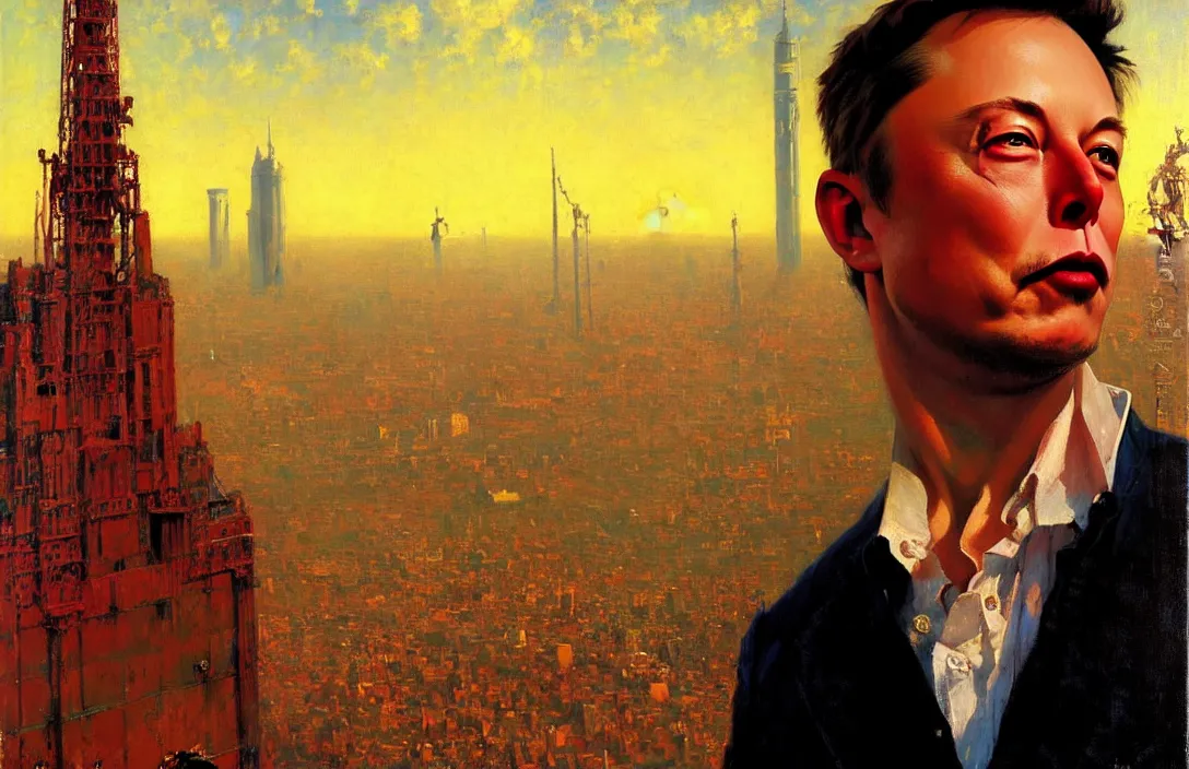 Image similar to portrait of elon musk!!!!!!!!!!!!!!!!!!!!!!!!!!!, detailed face, detailed painting, detailed city background, epic lighting, by ilya repin and phil hale