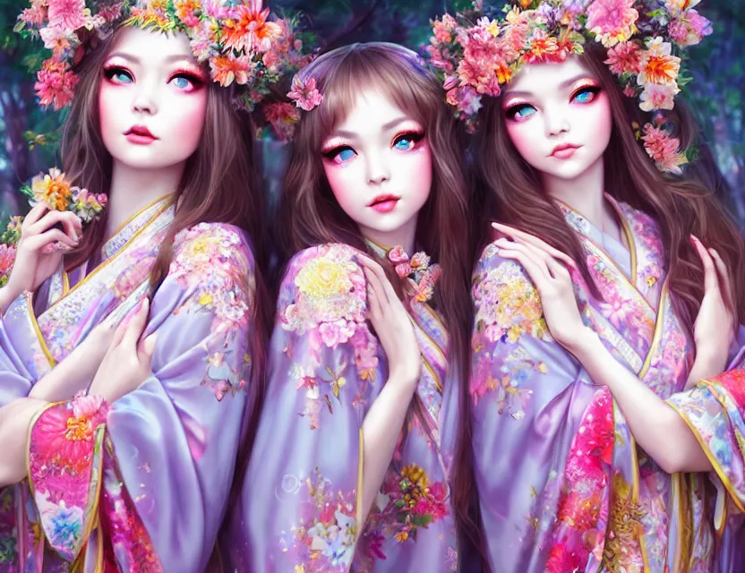 Image similar to two beautiful fashion siberian girls wear fantasy kimono in festival | | big eyes, sunny, dreamlike art, realistic shaded, smile, good looking, hyper details, 4 k realistic, cryengine, realistic shaded lighting poster by artgerm, ross tran, fuji choko, loish, 8 k resolution, trending on artstation, luxury