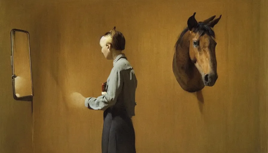 Image similar to painting by borremans, horse in front of the mirror, detailed, stunning