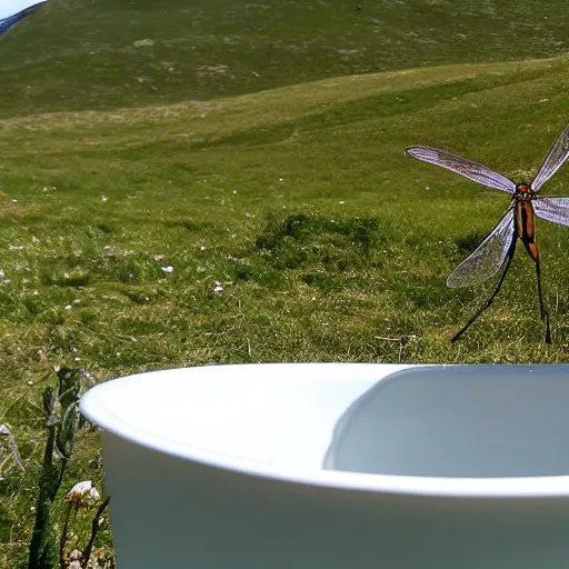 Image similar to dragonfly in a bathtub in the alps, sheep!!! in background