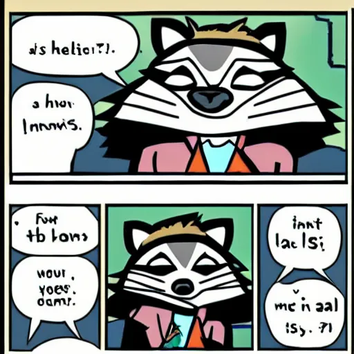 Prompt: a raccoon talks about his favorite things in a little speech bubble.