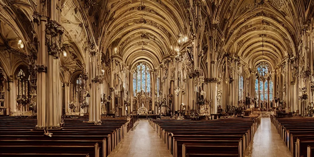 Prompt: the interior of an elegant church filled with detailed ornaments, fantasy, intricate, elegant, modern photo